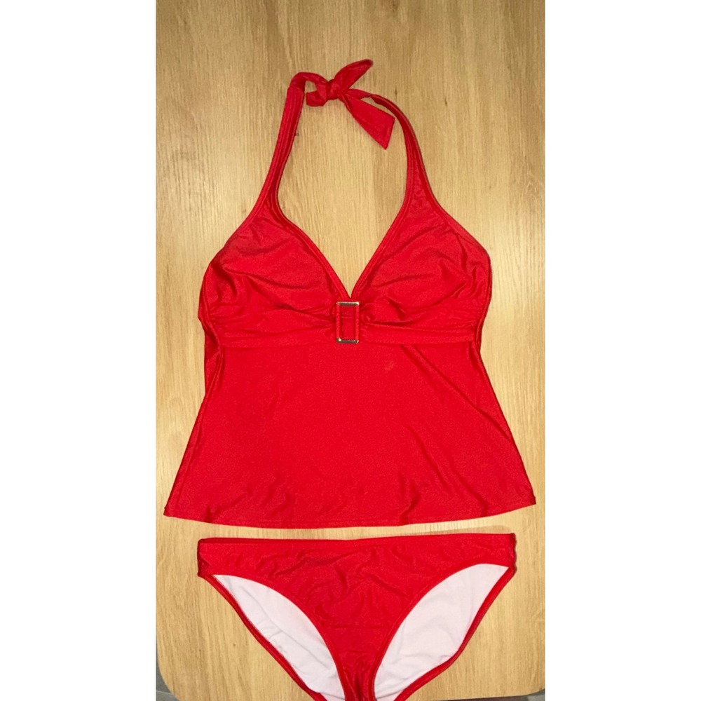 Bamboo Red Halter Tankini Set Buckle Detail Swimsuit